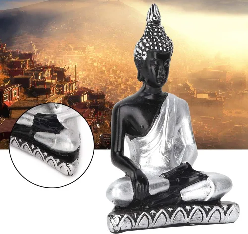 Vista 4 de Estatua de Buda - Adorno artesanal de resina, mejora el Feng Shui para budistas y amantes del arte (plata vintage)