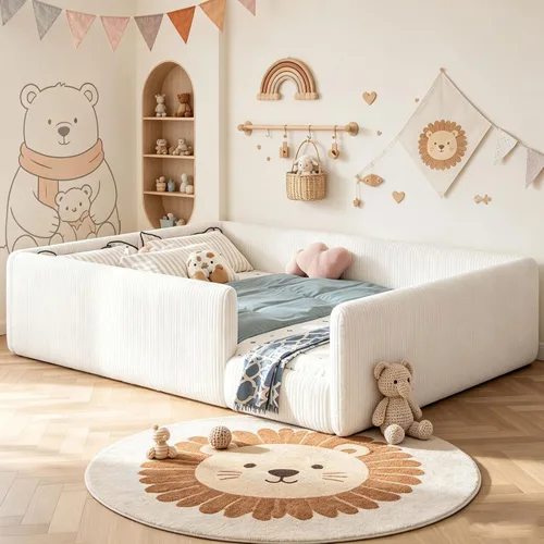Vista 11 de Cama de suelo tapizada con valla, cama de piso tamaño individual con Beige