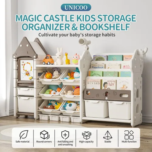 Vista 4 de UNICOO Organizador de almacenamiento de juguetes para niños con estantería, organizador de sala de juegos de 14 cubos y estantería, estante de Marrón