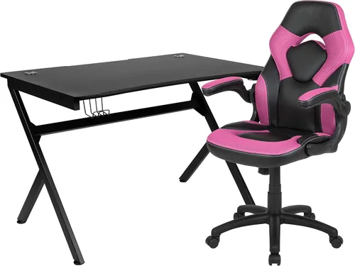 Vista 48 de Flash Furniture Juego de escritorio para juegos negro y silla de carreras blanco/negro con soporte para tazas, gancho para auriculares y soporte