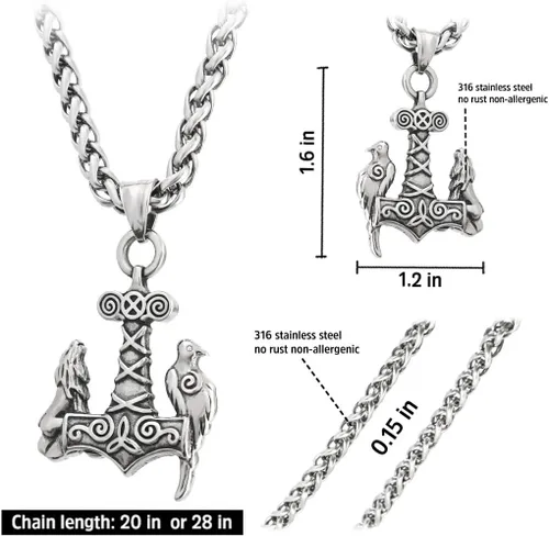 Vista 4 de Bavipower Raven vikingo Odin Thor Hammer Mjolnir colgante de acero inoxidable nórdico pagano joyería potente amuleto de protección para hombres