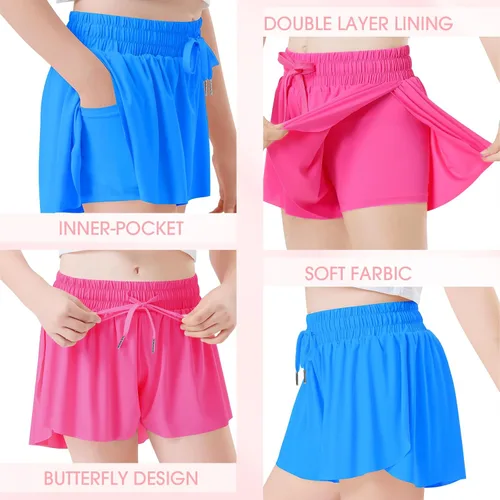 Vista 3 de QooNoo Girls Butterfly Shorts with Pocket Flowy Athletic Shorts High Waist Preppy Running Shorts for Kids Teen