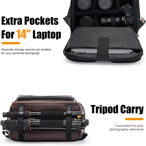Vista 4 de Cwatcun Canvas Camera Backpack, DSLR SLR Camera Bags for Photographers with Waterproof Rain Cover, Camera Case with Laptop Compartment & Tripod