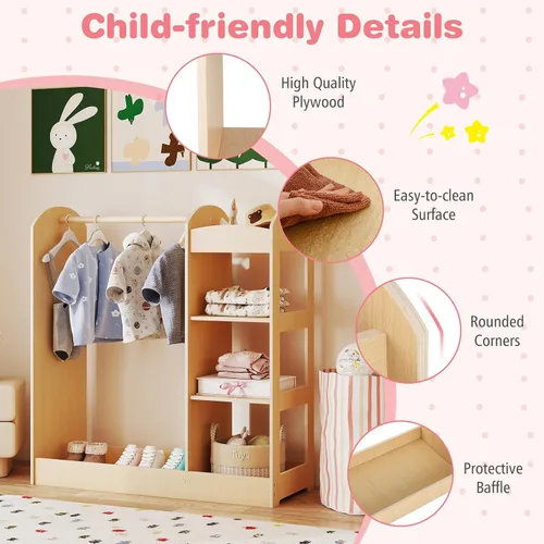 Vista 4 de Costzon Almacenamiento de disfraces para niños con espejo, perchero, estantes de 3 niveles, bandeja inferior, centro organizador de disfraces