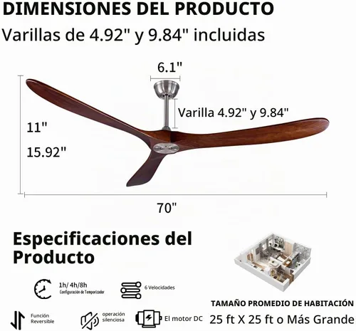 Vista 2 de Ventilador de techo de madera para interior/exterior de 70 pulgadas, con 3 aspas, control remoto, 2 varillas, motor DC reversible de 35W, ahorro