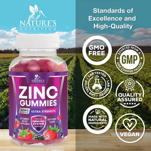 Vista 4 de Gomitas de zinc – 50 mg de zinc por porción, gomitas de apoyo inmunológico para la piel y los huesos – Antioxidante masticable de alta calidad