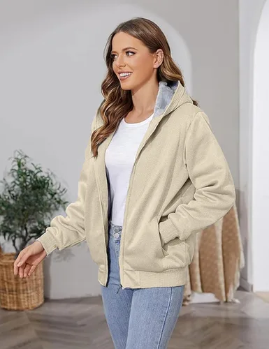 Vista 2 de PUWEI - Sudadera con capucha, con zíper y forro de felpa grueso, para mujer