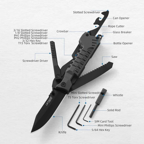 Vista 6 de Cuchillo multibolsillo, 22 en 1, herramientas EDC de equipo de supervivencia con funda de nailon, emergencia, campamento, senderismo, caza, regalo