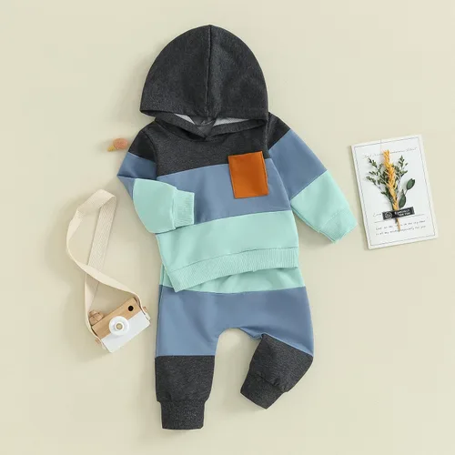 Vista 2 de Conjunto de pantalones para bebés y niños, sudadera larga con capucha y bloques de color, conjunto de ropa para otoño e invierno