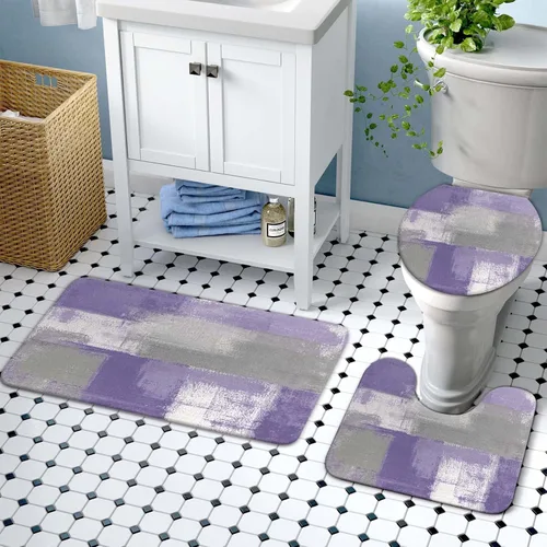 Vista 6 de Lnond 4 Piezas Juegos de Cortinas de Ducha de Baño Moradas con Alfombras, Arte de Pintura Púrpura y Gris Juegos de Baño con Cortina de Ducha