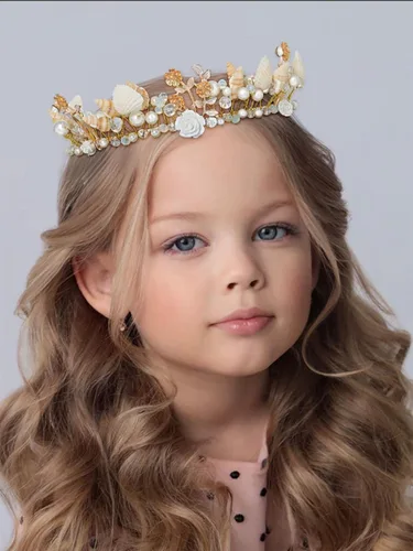 Vista 7 de Campsis Corona dorada para niñas, corona de concha, pieza de pelo de princesa, cumpleaños, cosplay, accesorios para el cabello para mujeres y niñas