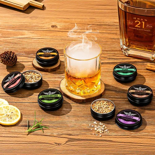 Vista 4 de INSISART Chips de madera para ahumar whisky, 6 sabores de manzana, cereza, roble, pera, durazno, nogal, chips naturales para cócteles, anticuado