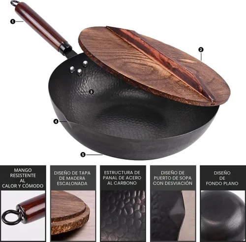 Vista 2 de Leidawn Wok de acero al carbono de 12.8 pulgadas, 11 piezas de wok y sartenes para freír con tapa, wok chino sin revestimiento químico con 10