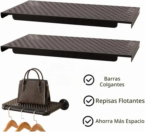 Vista 6 de Perchero de tubería industrial con 2 estantes flotantes, perchero de pared con 3 barras colgantes, barra de ropa de hierro resistente, rieles