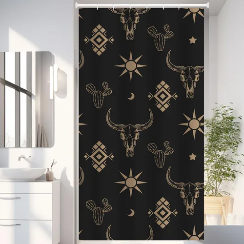 Vista 7 de Cortina de ducha de calavera de toro occidental estilo boho con cuernos de vaca, calavera de cactus bohemia en negro y dorado con ganchos, cortina