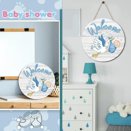 Vista 6 de Letrero de bienvenida para bebé, decoración redonda de madera Placa colgante rústica, colgador de cuerda de yute, recuerdo de fiesta de ducha