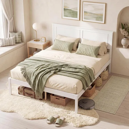 Vista 10 de KOMFOTT Twin Size Bed Frame, Farmhouse Wooden Platform Bed with Headboard Walnut