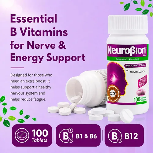 Vista 4 de NeuroBion 100 tabletas La fórmula original de una vez al día en la clásica caja blanca; importación auténtica sellada