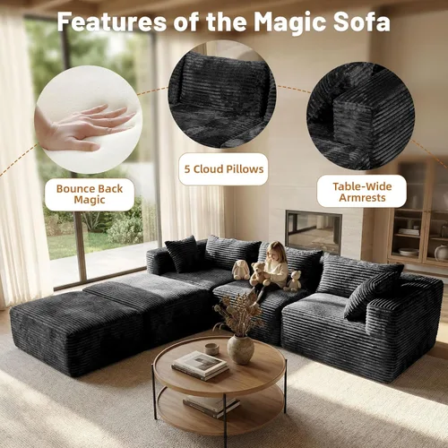 Vista 5 de Sofá modular 110 sin hueso con 2 otomanas, sofá modular en forma de U de pana, sofá convertible en nube con asientos profundos, no requiere montaje