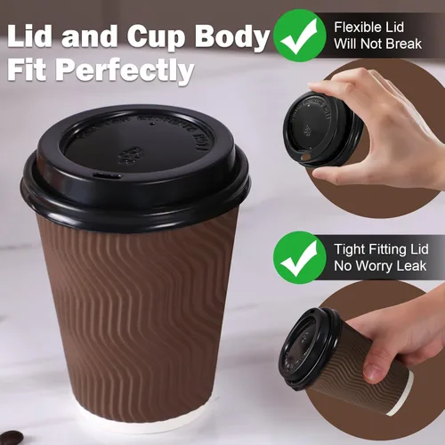 Vista 4 de Tazas de café desechables de 12 onzas con tapas, tazas de papel de café con tapas para llevar, tazas calientes aisladas para bebidas calientes