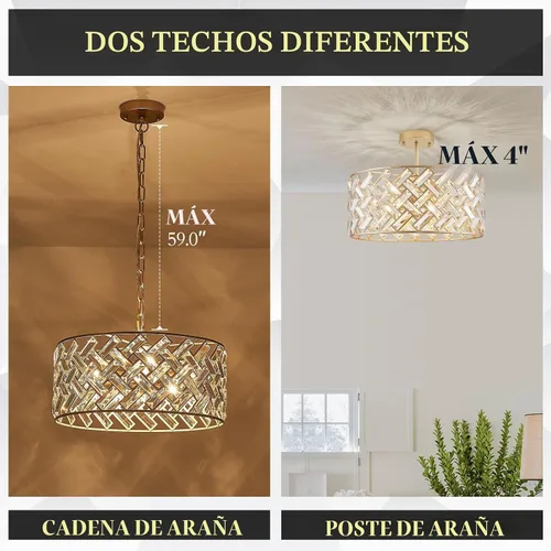 Vista 7 de CATINER - Candelabro de cristal dorado de 18 pulgadas, colgante semiempotrado de 6 luces grande dorado