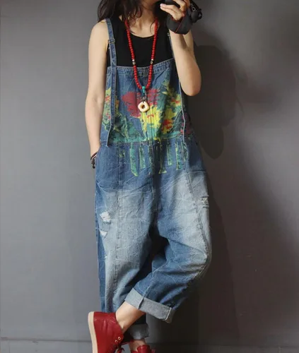 Vista 3 de YESNO P60 mujeres pantalones vaqueros recortados monos monos pintados a mano pulido desgastado casual holgado ajuste suelto, L