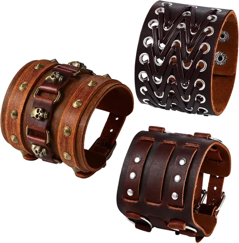 Vista 12 de OIDEA Assorted 3pcs Mens Punk Multistrand Leather Braided Bangle Cuff Bracelet for Biker Dad Father Size Adjustable