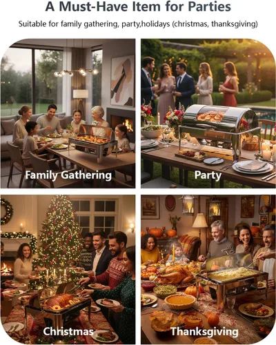 Vista 7 de Platos de roce con parte superior enrollable de 13QT para buffet: Calentador de alimentos para catering para fiestas, cumpleaños, bodas, Navidad, 1