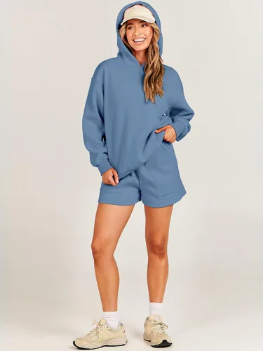 Vista 6 de ANRABESS Conjunto de 2 piezas para mujer, sudadera con capucha de gran tamaño, pantalones cortos, sudadera para descansar, ropa deportiva de moda