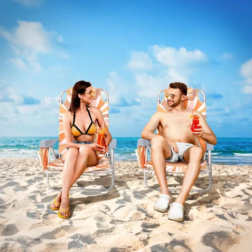 Vista 5 de Silla de playa para adultos, mochila plana de 5 posiciones con enfriador, portavasos y bolsa de almacenamiento, tumbona de playa portátil plegable