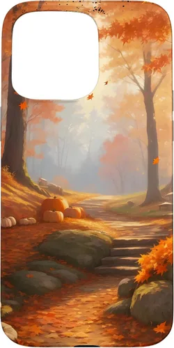 Vista 27 de iPhone 13 Pro Max Idílica escena del bosque de otoño, hojas de otoño, funda de calabazas