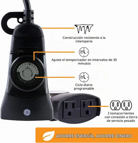 Vista 4 de GE 15138. Temporizador mecánico resistente, para exterior, de 2 tomas, para enchufar, programable a 24 Horas.