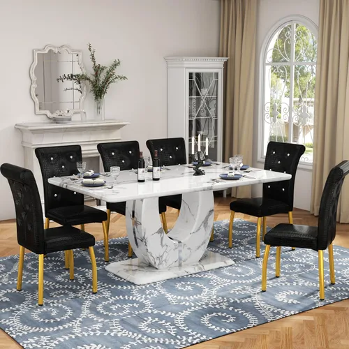 Vista 17 de Moderno juego de mesa de comedor de mármol sintético para 4, mesa de cocina rectangular blanca de 63 pulgadas con elegante base de pedestal