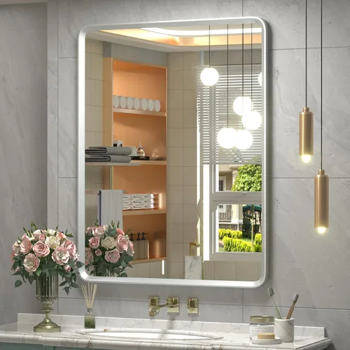 Vista 7 de Espejo rectangular con marco mate negro de 20x30 pulgadas para baño, espejo de tocador para pared de baño con esquinas redondeadas, antióxido y a