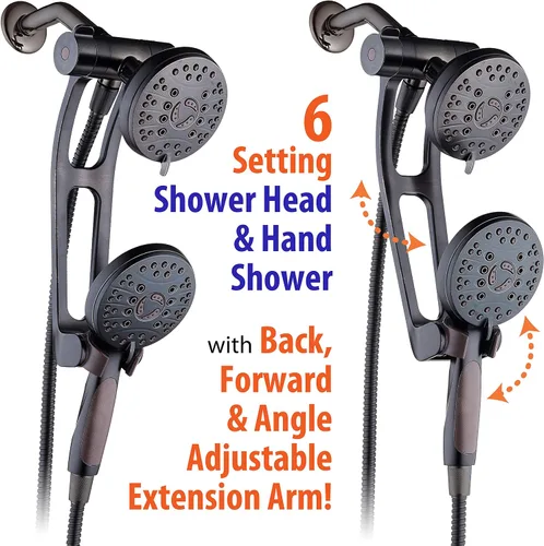 Vista 5 de Combo de lujo de 3 vías de alta presión de 48 modos con brazo de extensión ajustable – Cabezal de ducha dual de lluvia y de mano – Manguera de acero
