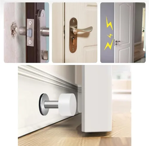 Vista 2 de Topes de puerta con calcomanías adicionales, tope de puerta autoadhesivo con goma blanca y cuerpo de acero inoxidable - Parachoques de puerta