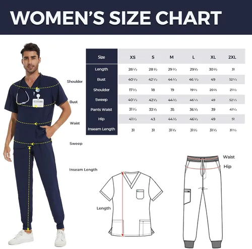 Vista 8 de COZYFIT Conjunto de ropa quirúrgica para hombre camiseta elástica con cuello en V y pantalón deportivo con 8 bolsillos, cintura de yoga, ropa