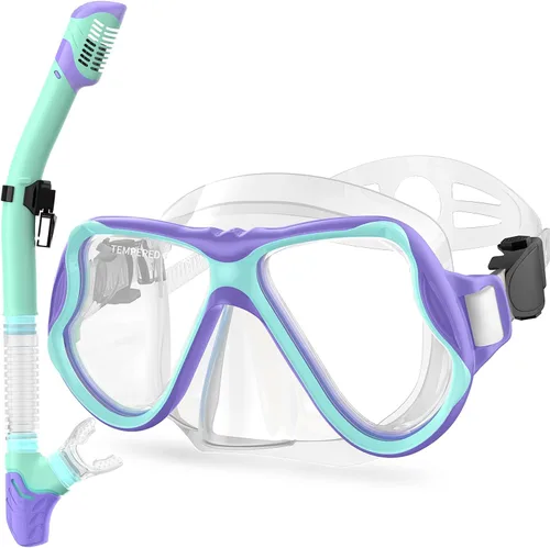 Vista 12 de Greatever Snorkeling Gear for Kids, Dry Snorkel Set Panoramic View Snorkel Mask, Anti-Fog Scuba Diving Mask for Kids Youth Age 6-14, Unisex Swimming