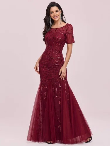 Vista 4 de Ever-Pretty - Vestido de noche elegante de sirena con bordado de lentejuelas, manga corta, escote ilusión para mujer, 07707-USA