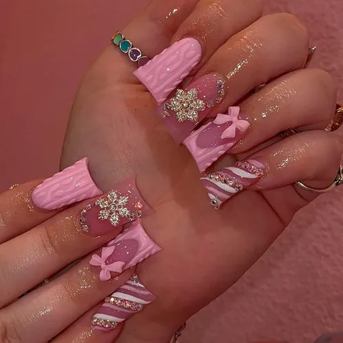 Vista 9 de 24 uñas de pato a presión con diamantes de imitación francesas, uñas postizas estilo pies de pato, uñas postizas de primavera y verano con diseños