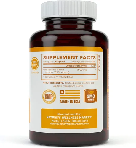 Vista 5 de Suplemento de próstata Saw Palmetto de 1000 mg, Berry Power + Extract - Máxima fuerza para promover la salud de la próstata, reducir la micción