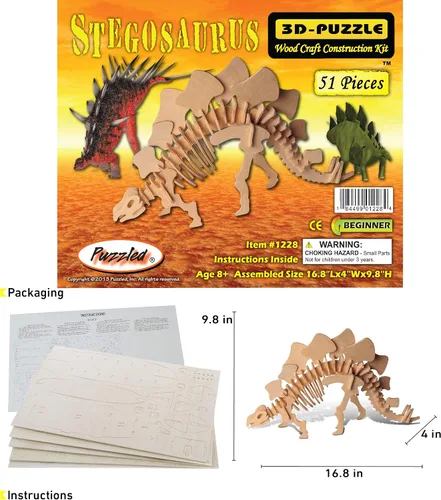 Vista 2 de Puzzled Rompecabezas 3D Estegosaurio Dinosaurio Madera Artesanía Kit de Modelo de Construcción Divertido y Educativo DIY Juguete de Dino de Madera