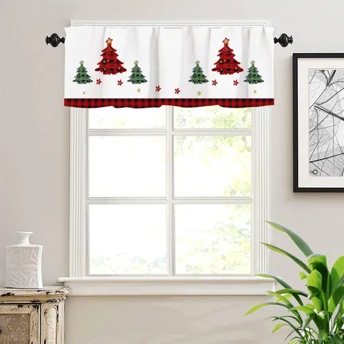 Vista 5 de Cortinas de cenefa de Navidad para ventanas, diseño de árbol de Navidad, color blanco y rojo, elegantes cenefas de cocina para ventanas con 11