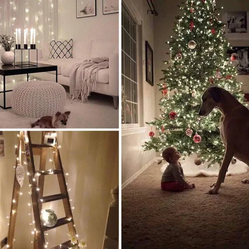 Vista 5 de Tira de luces de Navidad, 33 pies, 100 luces LED blancas para árbol de Navidad, tira de luces conectables para interiores, cable transparente, 8