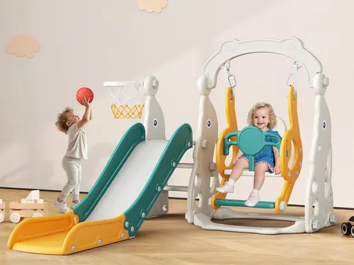 Vista 9 de Tobogán para Niños Pequeños, Conjunto de Juegos 4 en 1 para Niños Pequeños - Actualizado con Tobogán para Niños, Columpio, Aro de Baloncesto