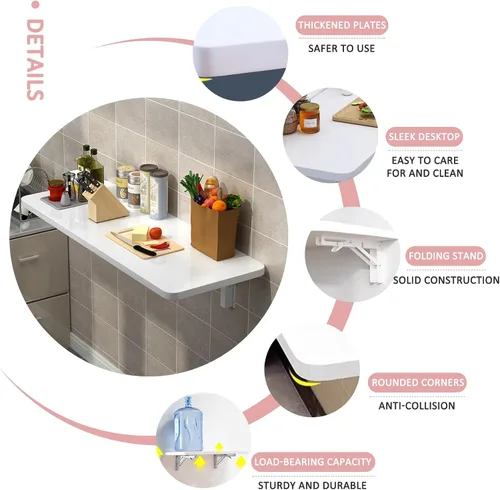 Vista 4 de Escritorio de montaje en pared resistente Juego de barra de desayuno mesa plegable para colgar en la pared para espacios pequeños Cocina Balcón