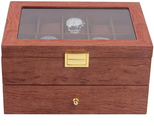 Vista 4 de Caja de reloj con 20 ranuras para reloj, 2 capas, con tapa superior de acrílico, organizador de relojes para hombres y mujeres, palo de rosa