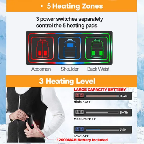 Vista 2 de Fragraty Chaleco térmico con batería de 12000 mAH que incluye chaqueta térmica eléctrica de 3 niveles de calefacción para hombres y mujeres chaleco