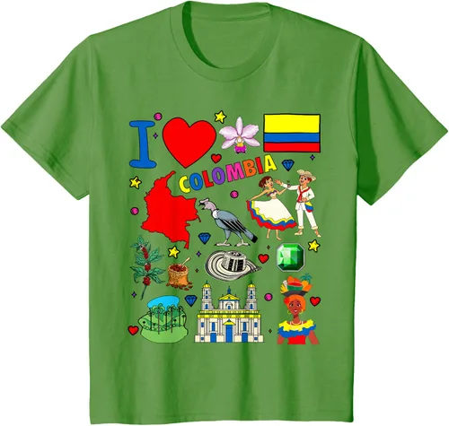 Vista 50 de Camiseta con diseño de bandera y mapa de I Love Colombia dibujada a mano