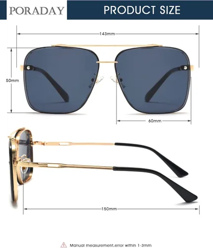 Vista 7 de PORADAY Gafas de sol cuadradas de aviador para hombres y mujeres gafas de sol de gran tamaño marco de metal vintage persianas degradadas